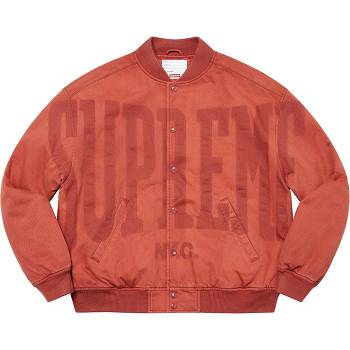Red Supreme Washed Knockout Denim Varsity Jackets | UK153AP
